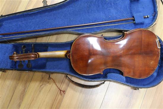 A cased violin, a bow etc